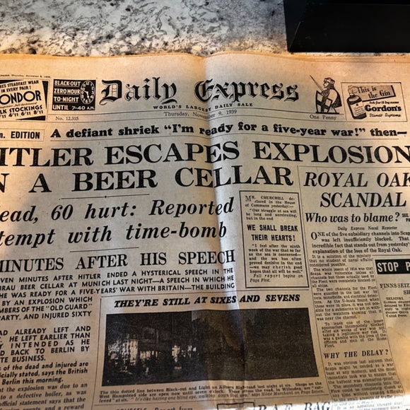 DAILY EXPRESS WW2 EXPLOSION IN BEER CELLAR NEWSPAPER NOV 1939 - Picture 4 of 4